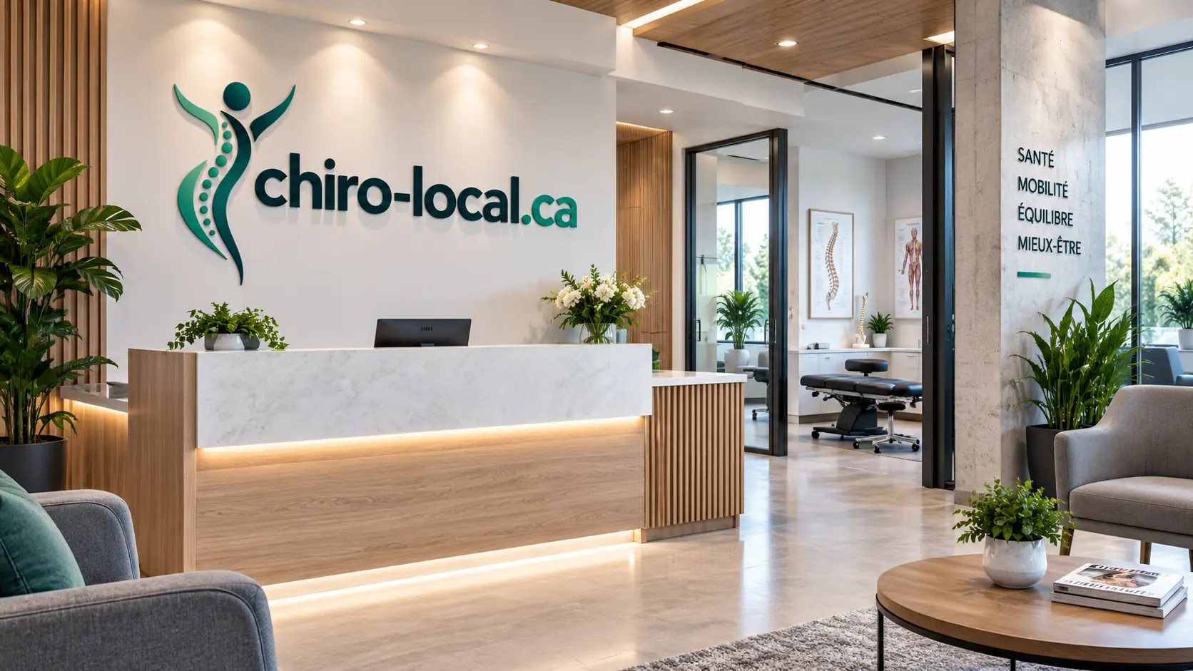Accueil lumineux d'une clinique chiropratique, comptoir de marbre et de bois, salle de soins visible au fond