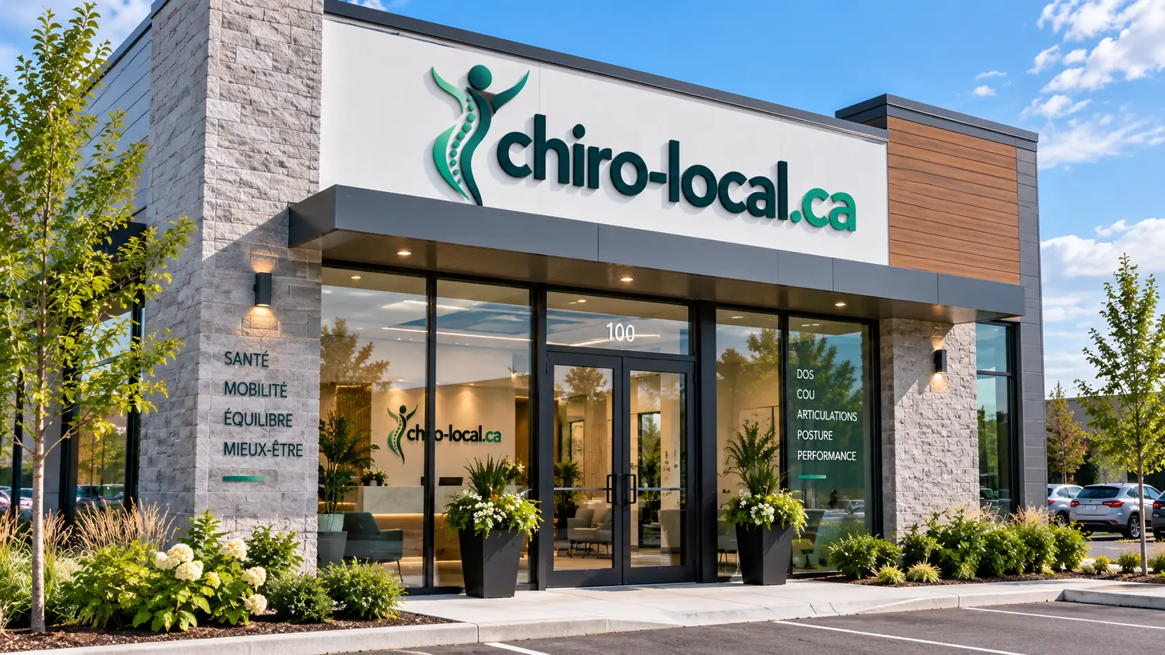 Façade d'une clinique chiropratique avec vitrine et aménagement paysager