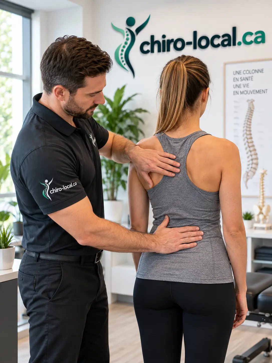 Chiropraticien évaluant la posture d'une patiente debout, une main sur l'omoplate et l'autre au bas du dos
