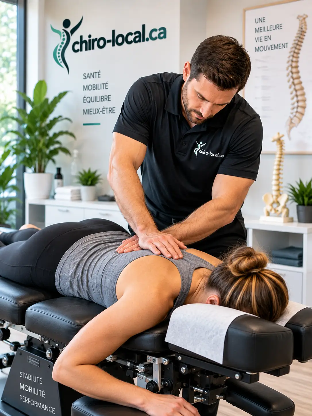 Chiropraticien intervenant sur le haut du dos d'une patiente allongée sur une table chiropratique