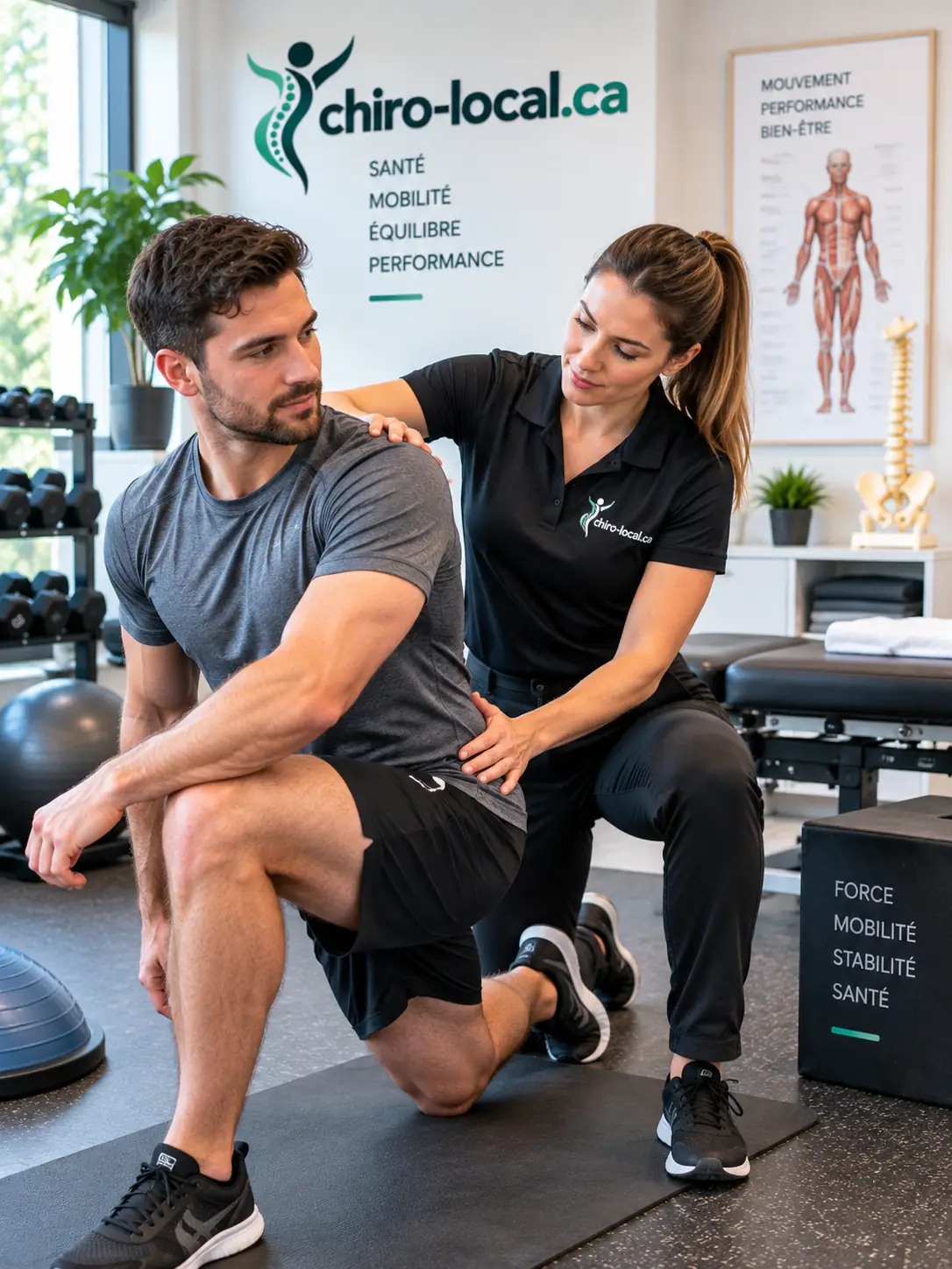 Chiropraticienne guidant un patient sportif dans un exercice de mobilité avec rotation du tronc