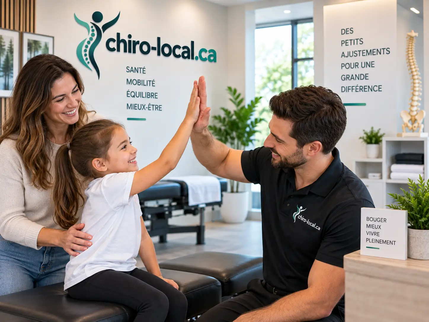 Chiropraticien et fillette se tapant dans la main en présence de sa mère, dans une clinique lumineuse
